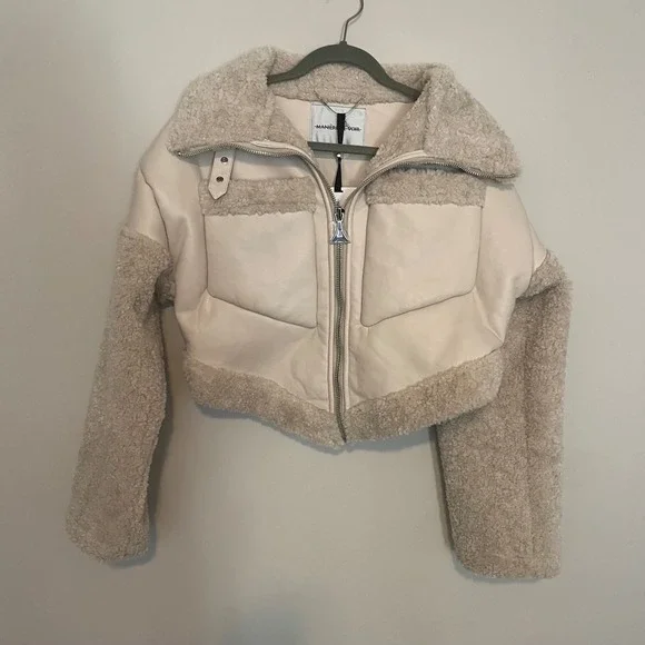 NWT Maniere De Voir Borg Biker Jacket Vegan Leather 6 angular hem beige‎ casual - Picture 3 of 8